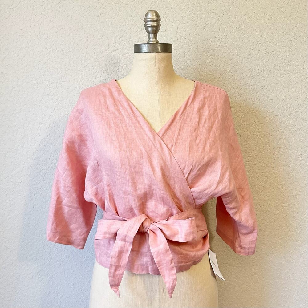 VISIBLE ART Minimalist Linen Wrap Top Blush Pink 3/4 Sleeve Edgy NWT